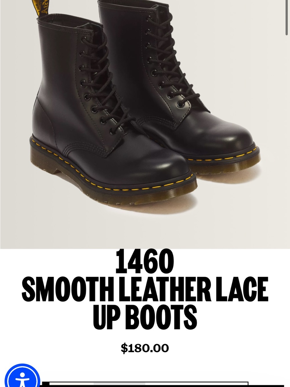 Dr. Martens 8-Eye Smooth Leather Lace-Up Boots in Black with Yellow Stitching